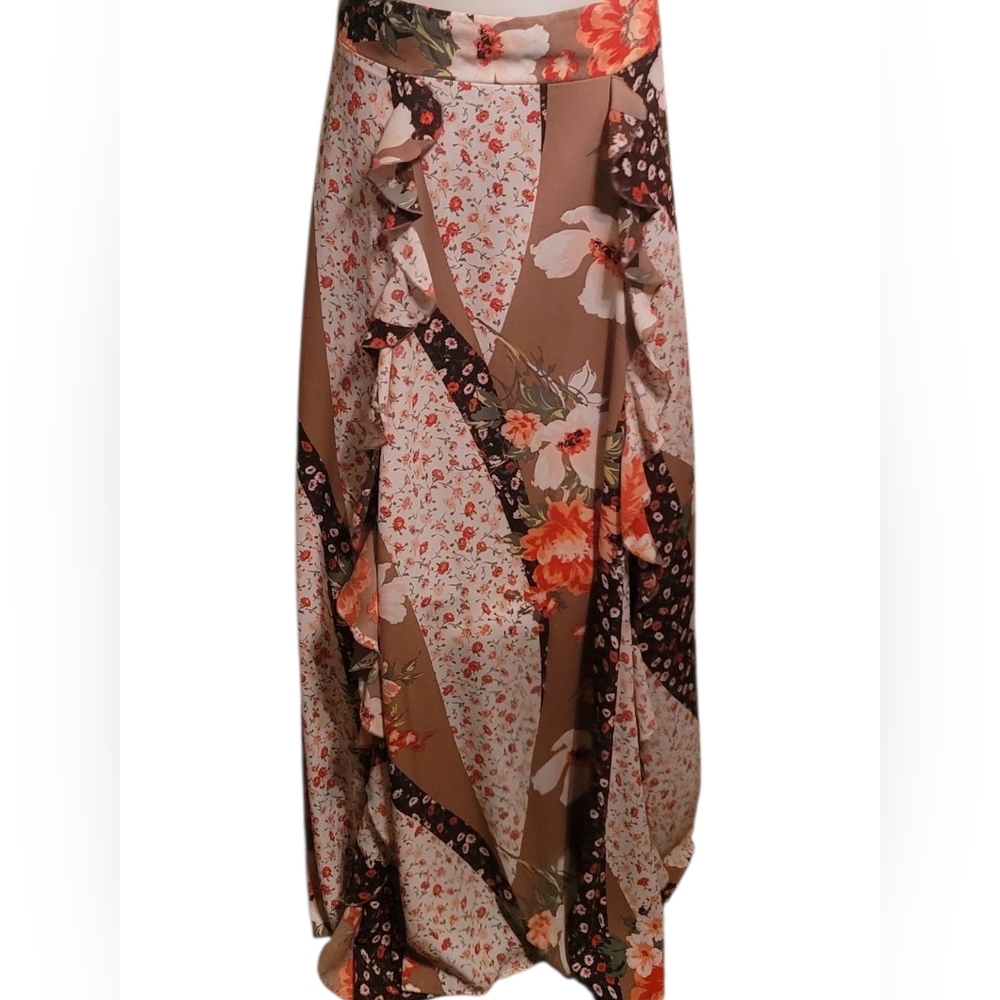 New York & Company Floral Patchwork Maxi Skirt - Brown and Cream